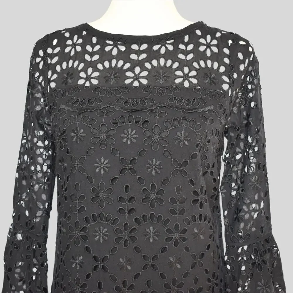 J.Crew Embroidered Eyelet Bell Sleeve Shift Dress Black 00 Mini Scallop NWT